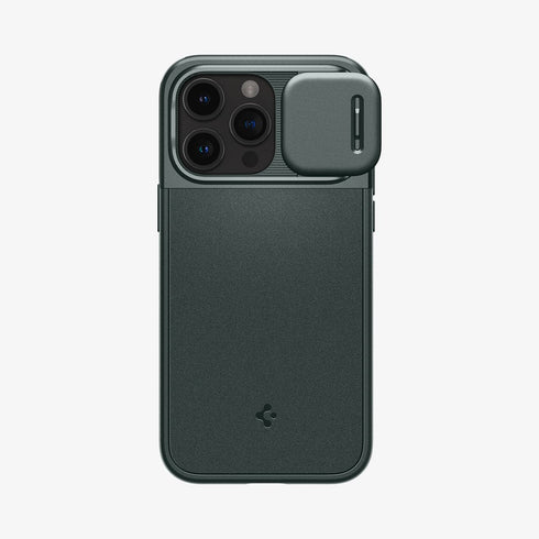 ACS06599 - iPhone 15 Pro Max Case Optik Armor (MagFit) in black showing the back with lens slot open